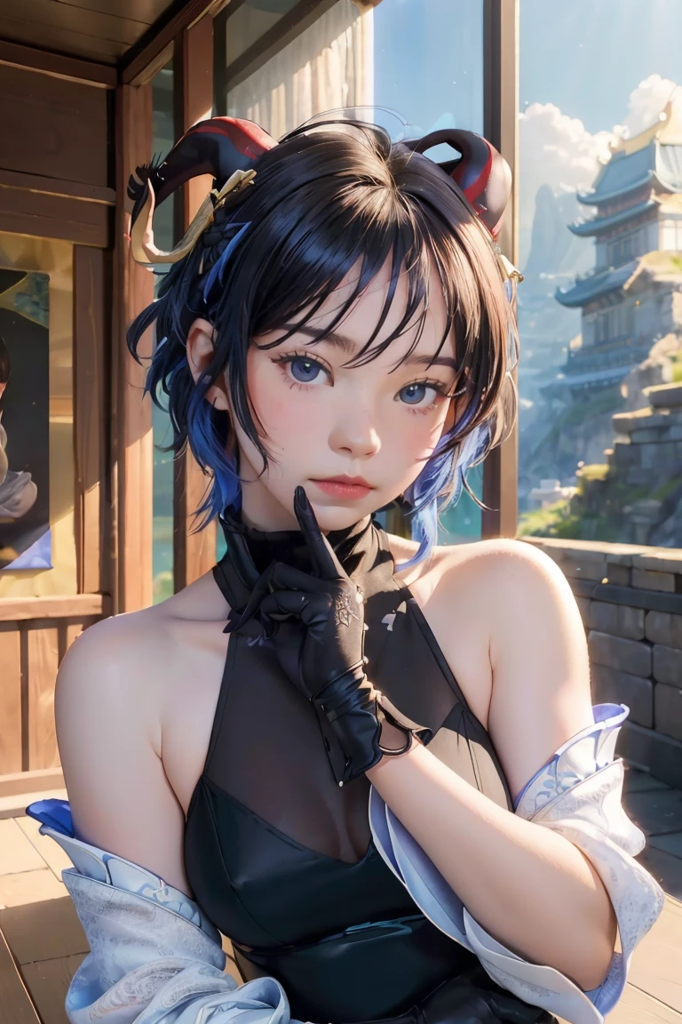 (photorealistic:1.4), (masterpiece, sidelighting, finely detailed beautiful eyes: 1.2), masterpiece*portrait, realistic, 3d face, 
ganyu \(genshin impact\), 1girl, ahoge, architecture, bangs, bare shoulders, bell, black gloves, black pantyhose, (blue hair), blush, breasts, chinese knot, detached sleeves, flower knot, gloves, horns, long hair, looking at viewer, medium breasts, neck bell
 