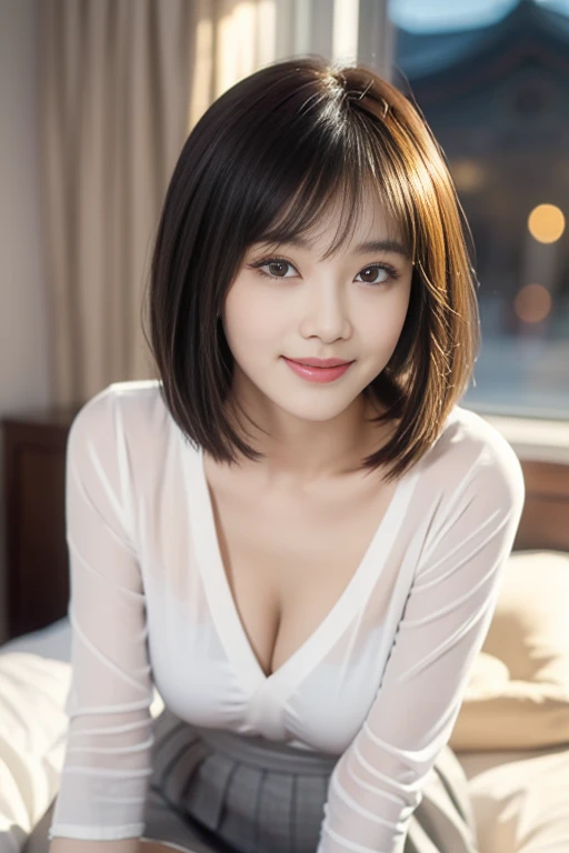 (A gorgeous Chinese office lady, age 28, wearing formal white shirt and grey pencil mini-skirt, mindfulness in a cosy bedroom at night, friendly and kind expression, gentle smile, dimpled smile, cute snaggle-tooth, Korean Bob Haircut Side-Bangs-Sophistication, beautiful detailed face, bright_and_full_of_warmth_eyes, symmetrical eyes, detailed eyes, ample round bosom, photorealistic, hyper-realism, high contrast, ultra HD, realistic skin textures, top image quality, top-quality, super high resolution, fine details, very meticulously, masterpiece, head to knees, the Cowboy shot, romantic atmosphere, bokeh night background, warm lighting)
