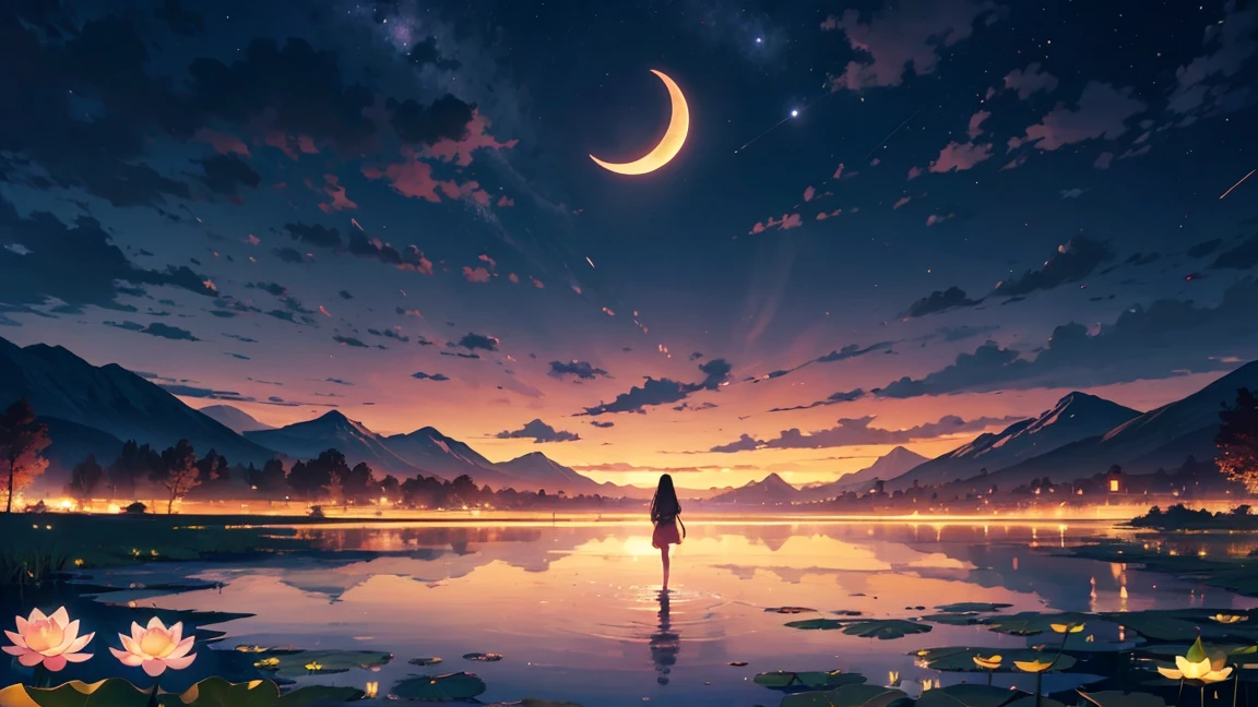 night, Only moonlight illuminates, Meniscus, Mountains in the distance, Beautiful big lotus nearby, Big red lotus, There is running water next to it, frog, Summer is full of joy, Crescent moon and stars mixed in the sky, Amazing wallpapers, Beautiful and beautiful, light, High Detail, 8K