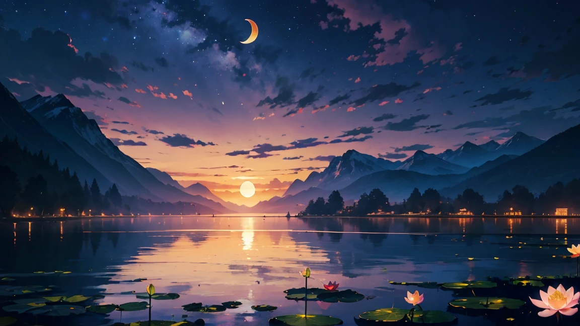 night, Only moonlight illuminates, Meniscus, Mountains in the distance, Beautiful big lotus nearby, Big red lotus, There is running water next to it, frog, Summer is full of joy, Crescent moon and stars mixed in the sky, Amazing wallpapers, Beautiful and beautiful, light, High Detail, 8K