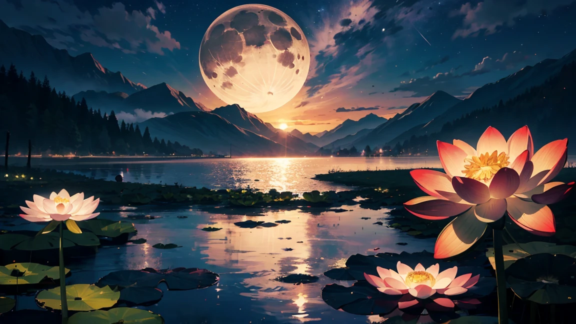 night, Only moonlight illuminates, Meniscus, Mountains in the distance, Beautiful big lotus nearby, Big red lotus, There is running water next to it, frog, Summer is full of joy, Crescent moon and stars mixed in the sky, Amazing wallpapers, Beautiful and beautiful, light, High Detail, 8K