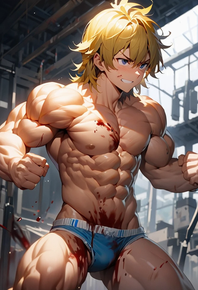 (White beautiful boy:1.44),original,独奏, (((((((13 year old:))))))),(close eyes),(cool face,beautiful face,manly face:1.5),(Short, shaggy, golden hair:1.94),(muscle full-body:2.18),(Muscular abs and blood:1.68),(Blue bruises all over the body:1.65),(standing,fighting pose:1.75), (Briefs with bulging crotch:1.39), masterpiece, best quality, very aesthetic, absurdres