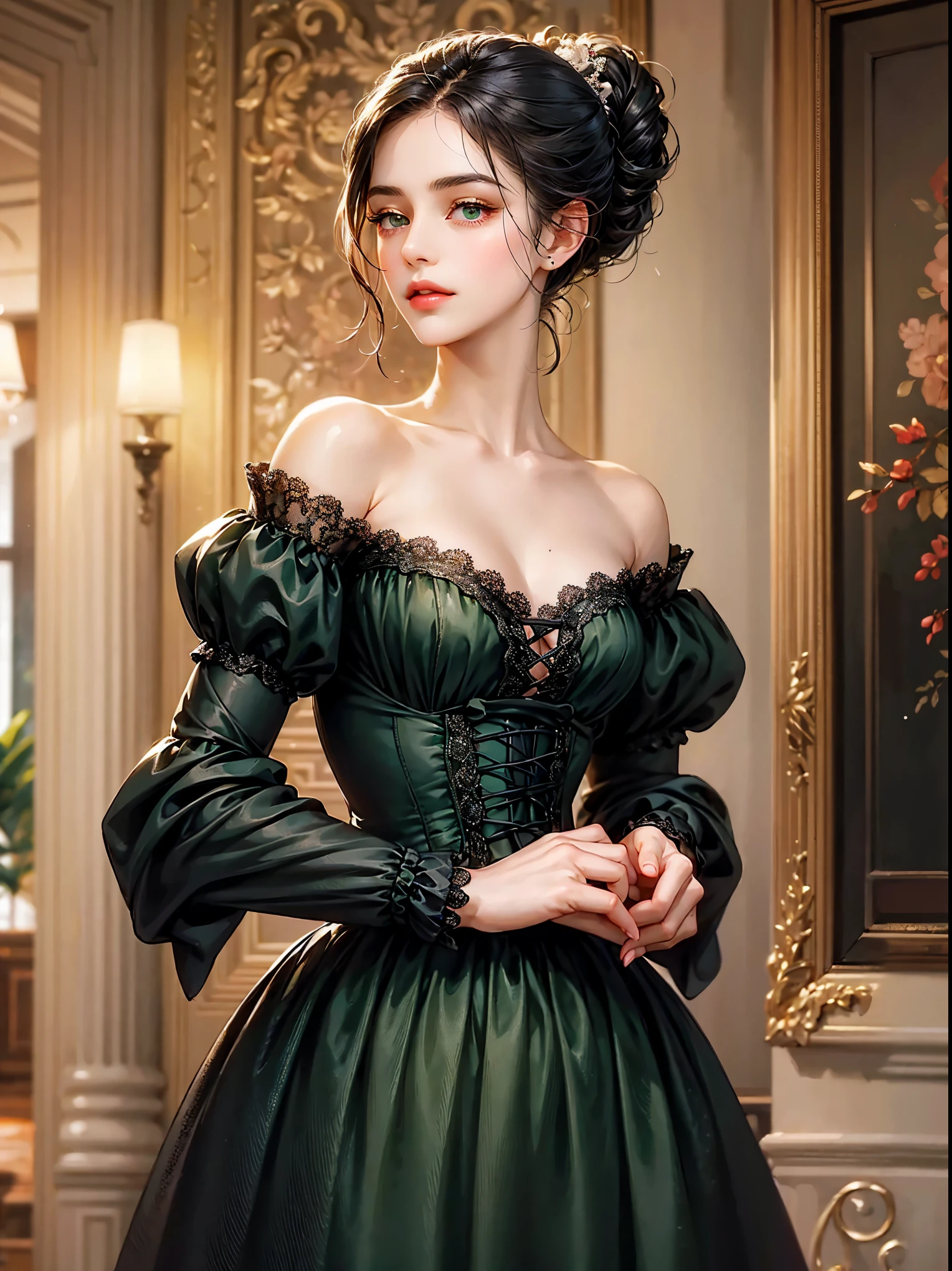 A girl, chignon black hair, small breast, green eyes. She wears a low-cut dress. She wears a pink dress from the Victorian era. Beautiful girl, detailed eyes, detailed face, detailed hands. She looks at the viewer. Full figure. Background inside of a hall