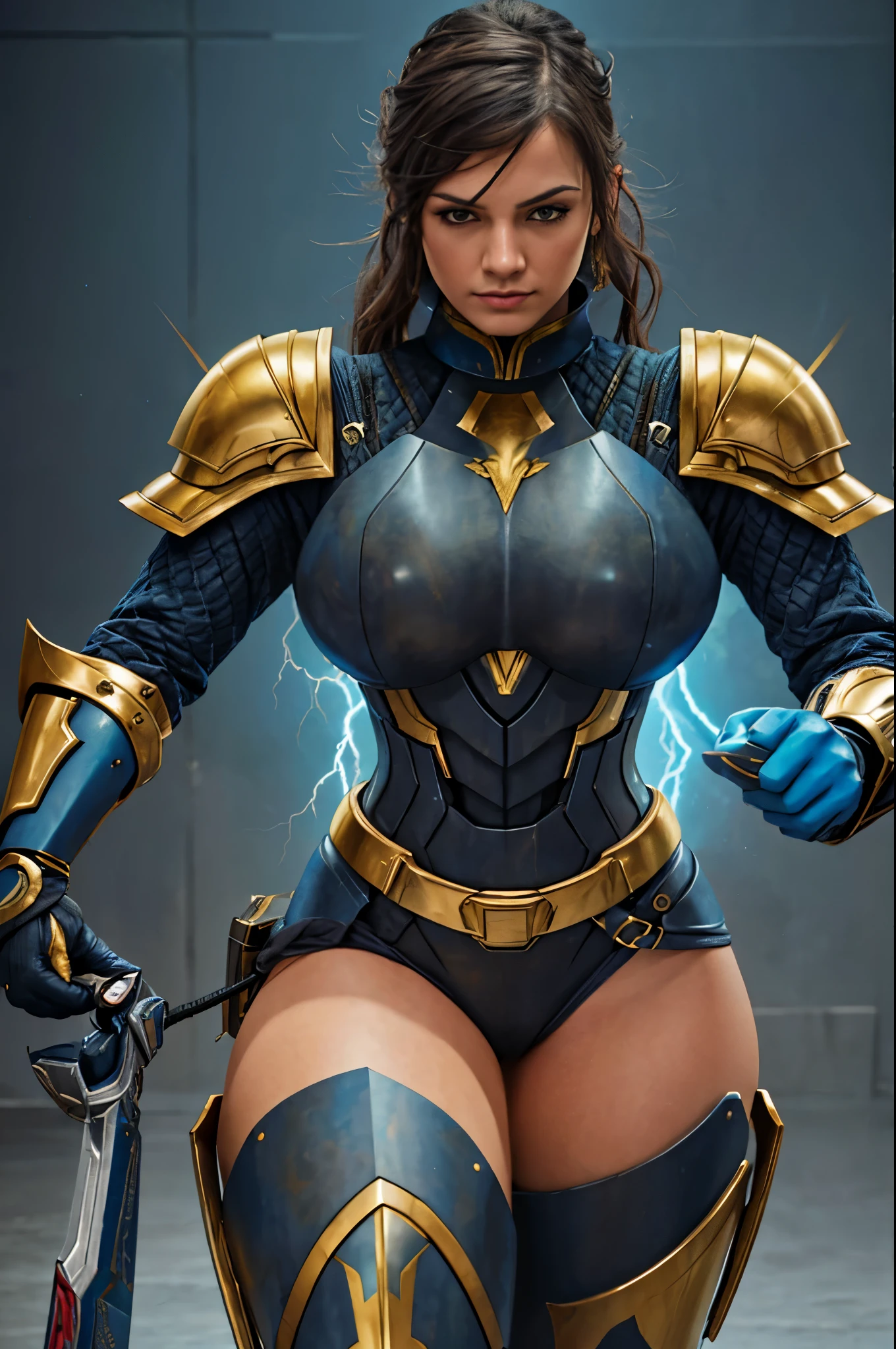 4K, work of art, high resolution, absurderes,, edgThunderstruck, a woman with a blue and gold armors ,usando edgThunderstruck_armors, electrified, heavy thunder,  