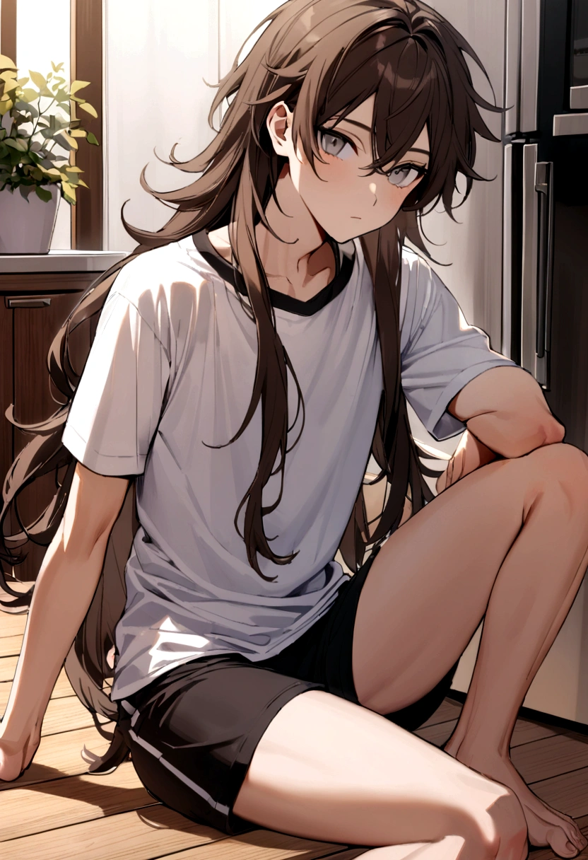 19-year-old boy, Software Features, sitting on the wooden floor in the kitchen, Dark brown hair, Fluffy medium-long hair length, Grey Eyes, Wearing a T-shirt, Wearing boxer shorts, whole body.