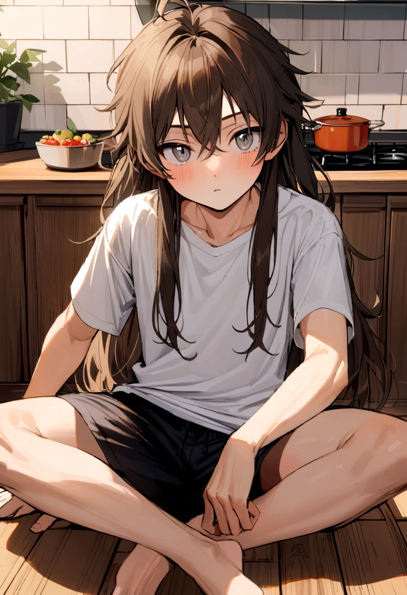 19-year-old boy, Software Features, sitting on the wooden floor in the kitchen, Dark brown hair, Fluffy medium-long hair length, Grey Eyes, Wearing a T-shirt, Wearing boxer shorts, whole body.