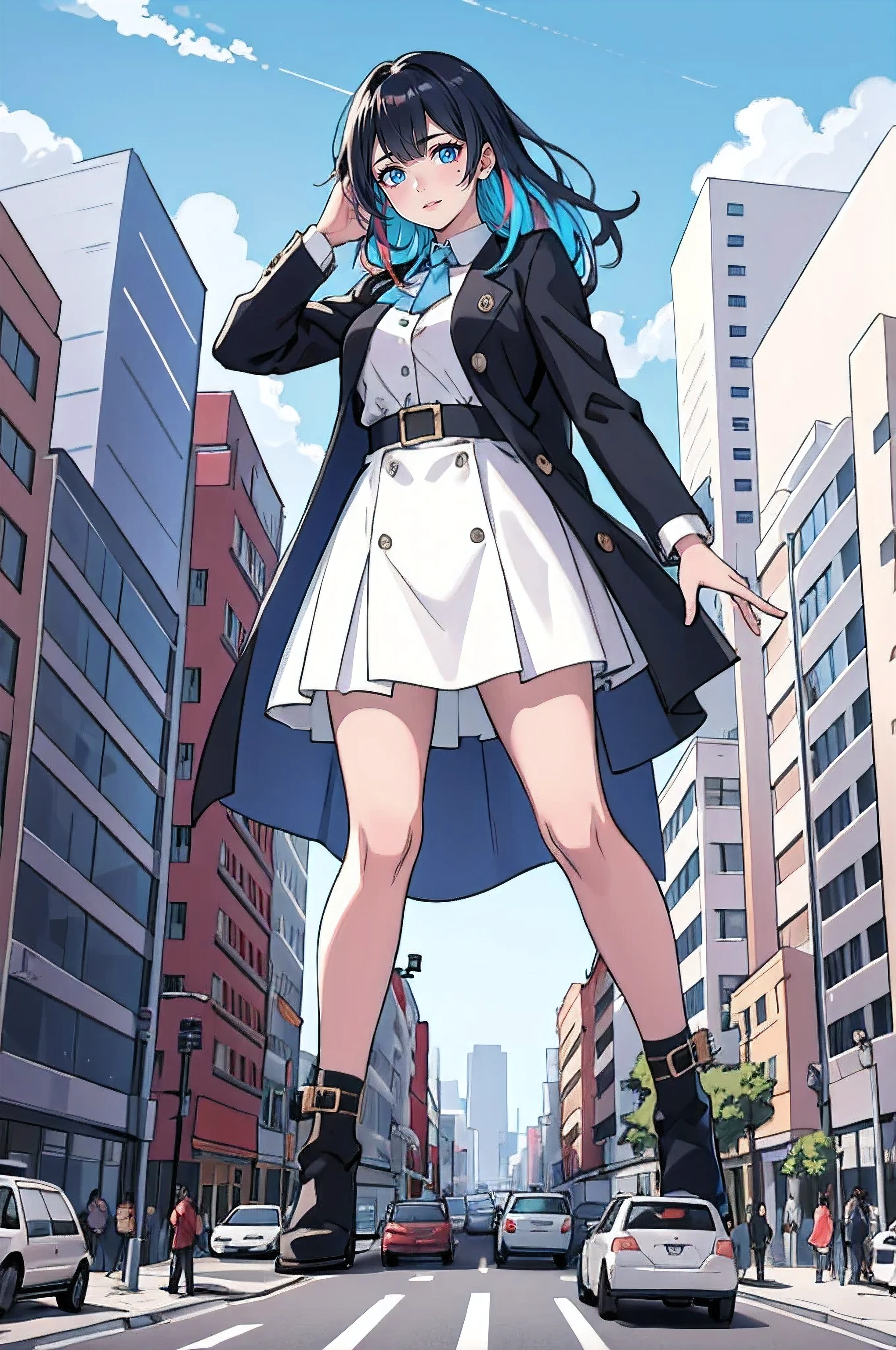 (highest quality:1.4), (ultra high resolution:1.2), figure, 8K resolution, disorganized, super detailed, sharp focus, (Bright colors:1.5), (Natural light, natural shading: 1.0),
detailed background, detailed beautiful face and eyes, Realistic and complex perfect beauty face, detailed skin texture, fine hair, detailed clothing, (blue sky, White cloud:1.2), break,
(1girl:1.3), smile, look away, slender, (stylish pose:1.0), Standing position, cityscape, destruction, (collapsed building:0.0), (White and orange clothes:0.7), (rampage:0.0), crowd, car, (from above:0.0) , (full body shot:1.0),