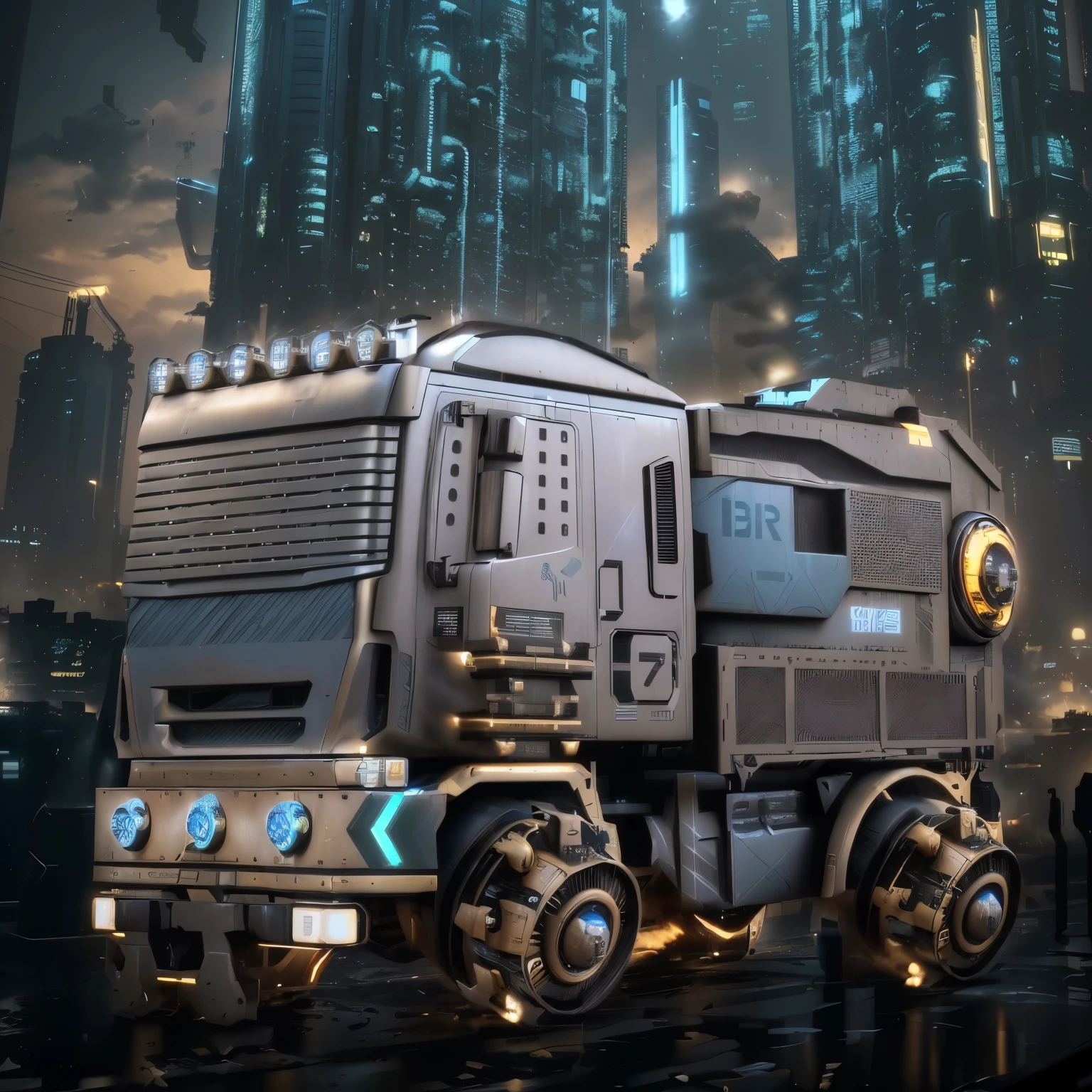 there is a large hover truck that is flying in the city, sci-fi highly detailed, scifi futuristic highly detailed vehicles, cyber steampunk 8 k 3 d, sci-fi magic highly detailed, vehicle concept photo!!, 8 k high detail concept art, industrial sci fi, scifi machine, futuristic dieselpunk street, industrial scifi, anime art vehicle concept art, cinematic highly detailed