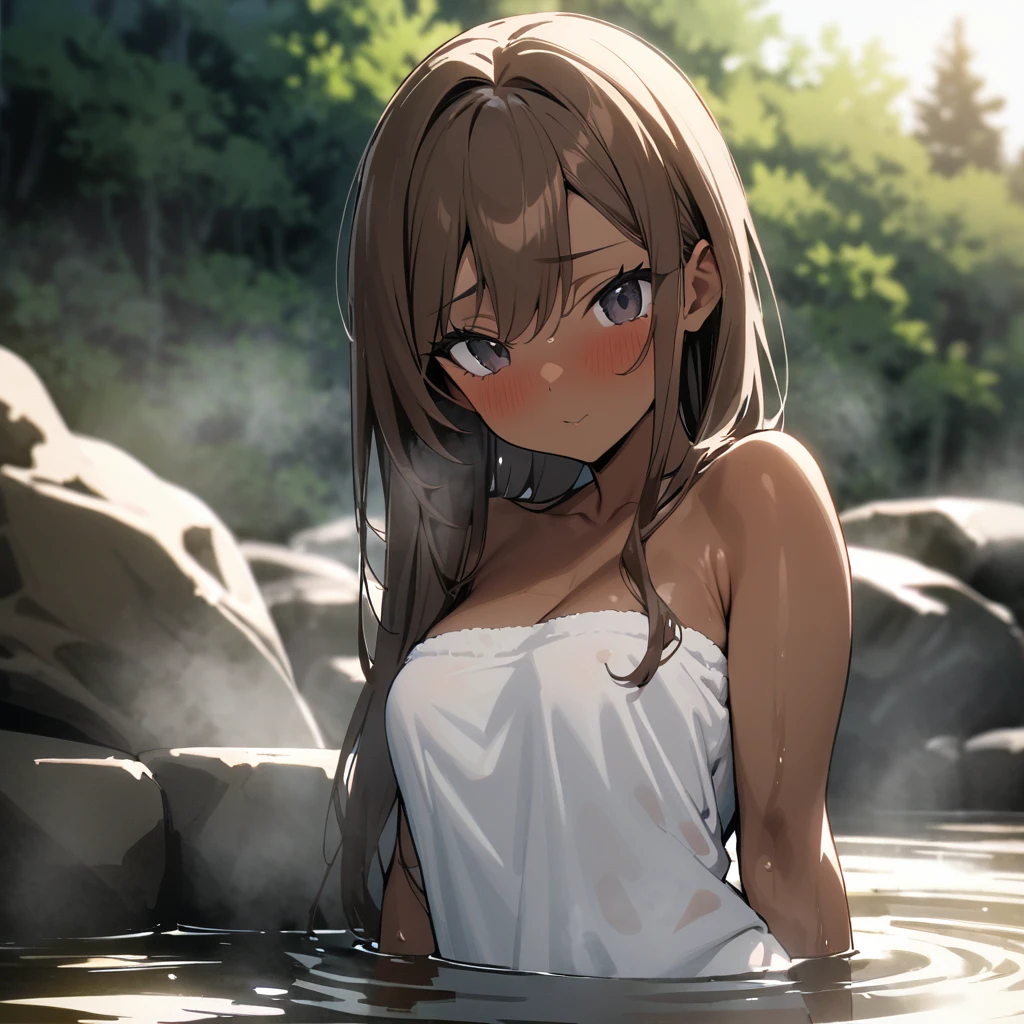 Top quality, masterpiece, gal, brown hair, long hair, black eyes, brown skin,hot spring,bathing,bath towel,暖まる