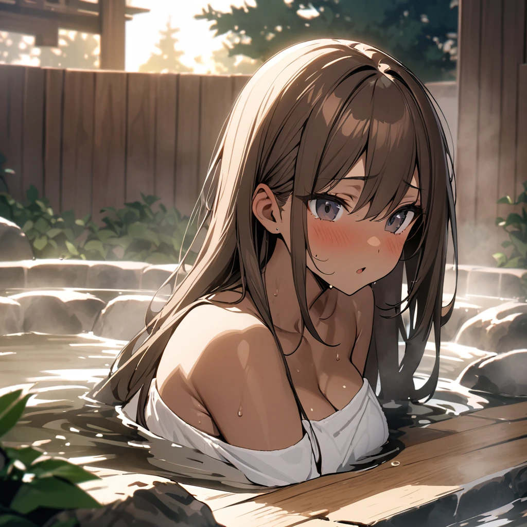 Top quality, masterpiece, gal, brown hair, long hair, black eyes, brown skin,hot spring,bathing,bath towel,暖まる