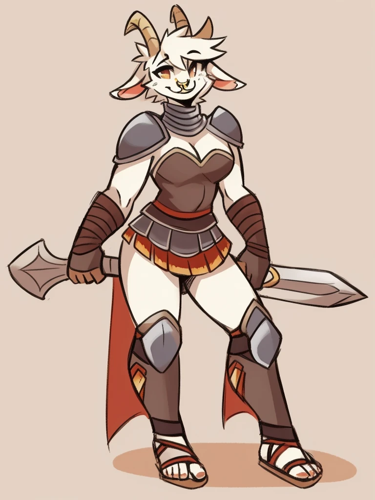 1girl, furry, furry_female, goat_ears, goat_girl, smile, solo, wearing armor, gladiator flat sandals, gladiator skirt, humanoid feet, holding sword, nose ring, septum piercing ring