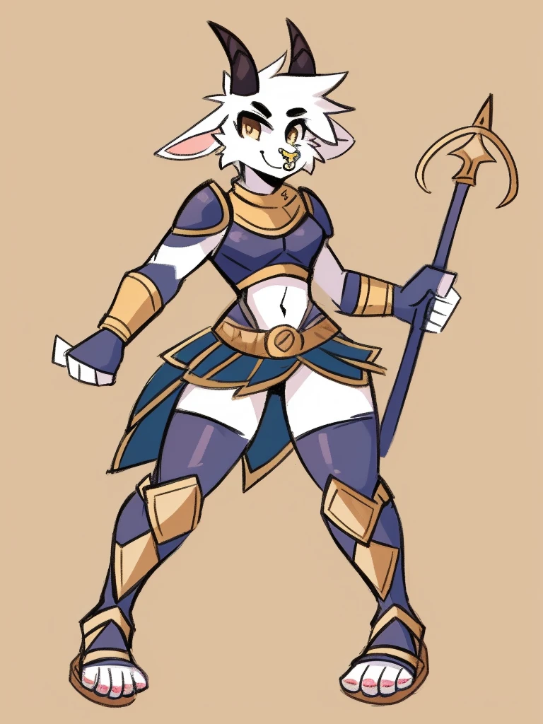 1girl, furry, furry_female, goat_ears, goat_girl, smile, solo, wearing armor, gladiator flat sandals, gladiator skirt, humanoid feet, holding sword, nose ring, septum piercing ring