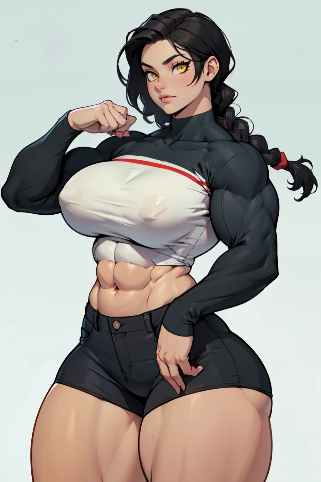 girl ((((muscular 1girl)))) ((((thick thighs toned body)))) (pale skin) black hair yellow eyes very long hair long sleeve tight t-shirt tight pants (french braid) massive breasts
