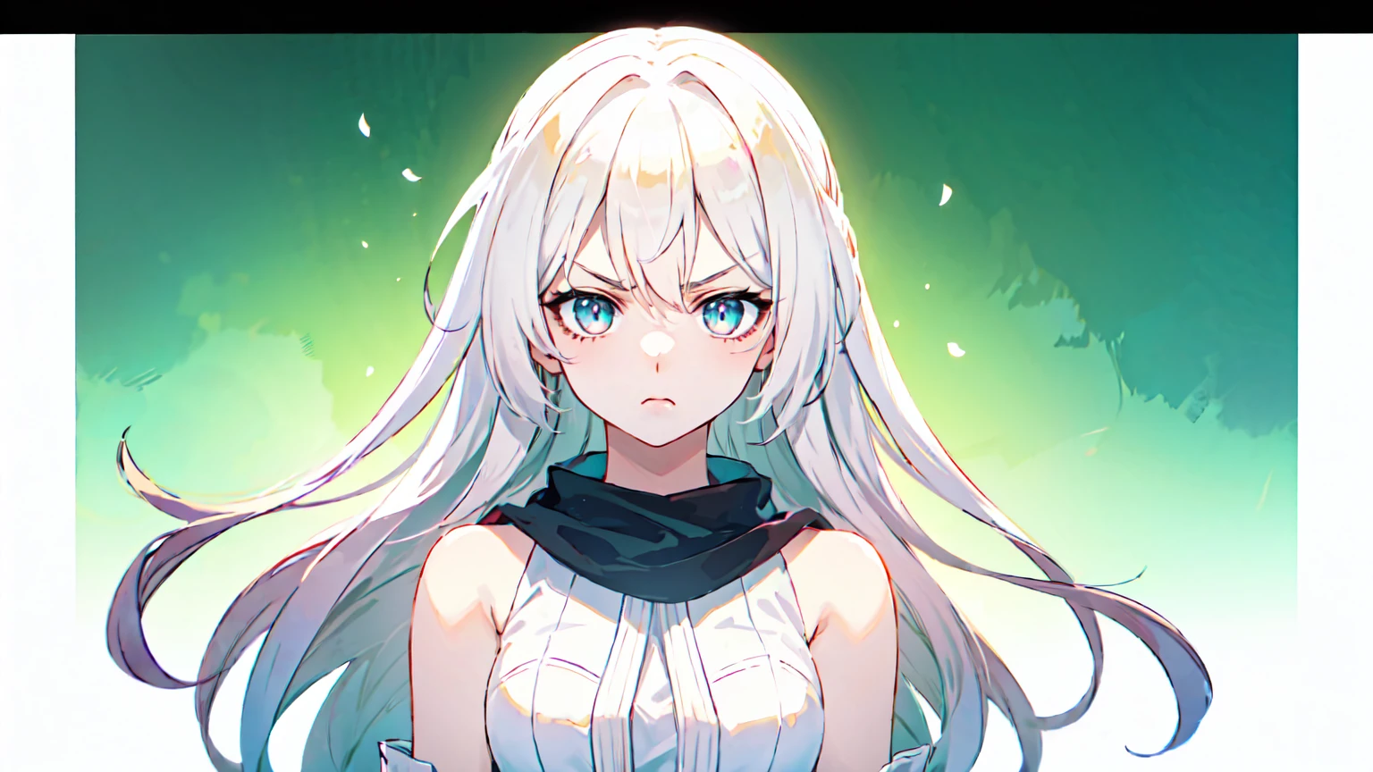fireflycus, 1 girl, white hair, long hair, blue eyes, white dress, white skirt, white scarf, , standing, looks at viewers, upper body, pouts, pouting,, angry, green screen, green background, clear green background,