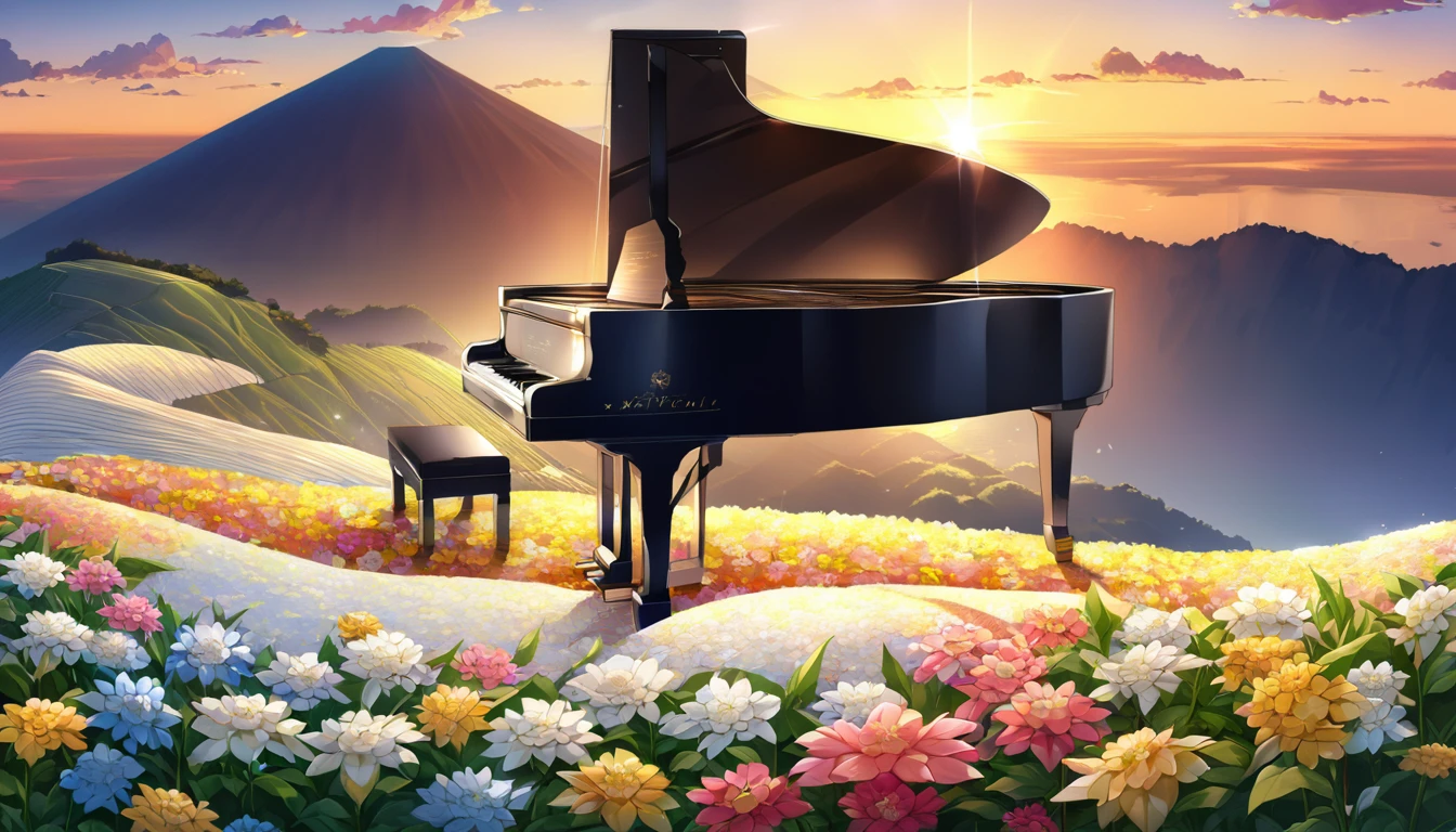 A grand piano in a flower field、The blue sky spreads across the sky、Rice terraces viewed from the summit、Sunrise over the horizon