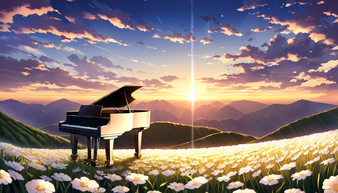 A grand piano in a flower field、The blue sky spreads across the sky、Rice terraces viewed from the summit、Sunrise over the horizon