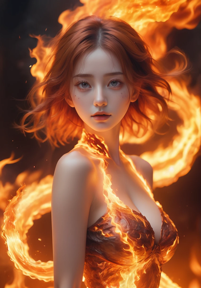 (photorealistic:1.5), (masterpiece, 8k raw photo, best quality:1.4),8k,Beautifully detailed delicate face, beautiful detailed delicate eyes, perfect facial proportions, high-detailed skin,Composed of fire elements,(1个Giant Breast Girl:1.2),on fire,transparency,firey,(Molten rock),Flame skin,Flame print,fiery hair,smokes,clouds,Chopping,,A girl wrapped in flames, ((whole body, including legs)),((Standing)),(open thighs),(open legs), the flames soar and emit sparks,Burning hands,Translucent luminescence,