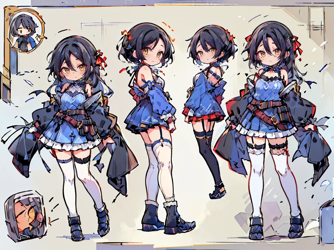 (((three-sided view, front view, side view, back view, multiple views, multiple poses and expressions, many parts)), concept art, character concept art, character sheet, Full body, illustration, (simple background, gray background), 1 character, 1girl, fantasy art:1.1), (hui xiyi:0.7), rekkyo sensen, rekkyou sensen, girls with((black hair, bangs, (one side up, long wavy hair, ribbon:1.55), perfect hands, perfect fingers, (exposed breasts, tits cleavage, breasts close up:1.2), dress((suspenders, dress, belt, nun:1.15), (blue clothes, frills shirt, white knit sweater, long sleeves, frills dress, frills skirt, wind blowing dress, long sleeves, (white legwear:1.55), thighhighs, single thighhighs, single legwear, black footwear, strap shoes:1.42))