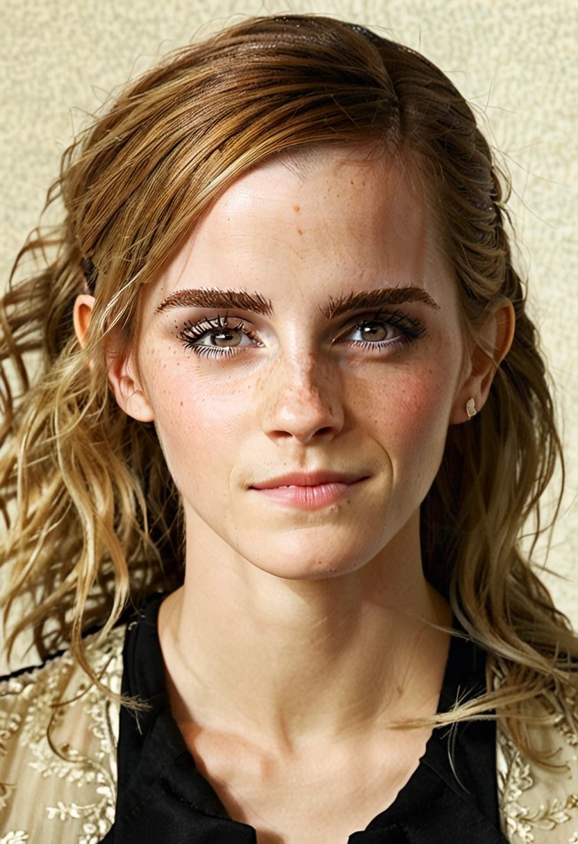 hyperdetailed photography of Emma Watson, long white blonde messi hair, happy, laughing, eyes open, perfect eyes, vintage style, masterpiece, best quality,highly detailed, very detailed skin texture, (looking at viewer:1.4), full body, blank background,