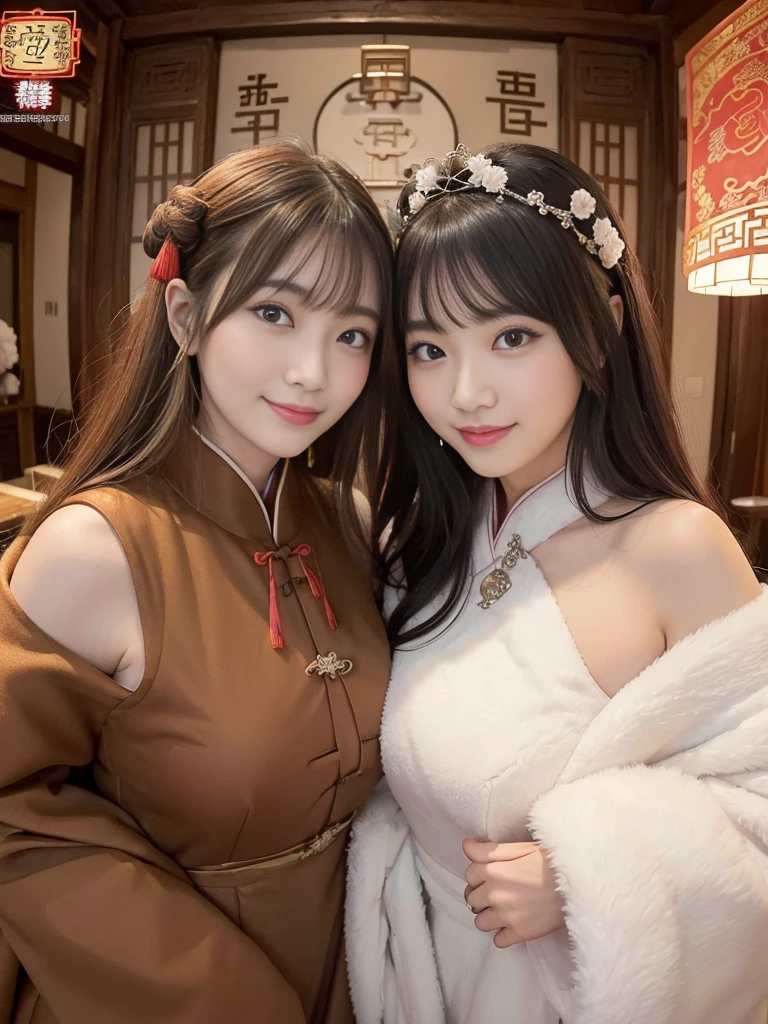 fluffyの毛皮。fluffy。((Gorgeous and antique Chinese dress))(smile)(((Pair of women、snow、night)))。ancient China。Arms outstretched、Armpits。Photos of women in dresses。Brown fur cape。Fisheye Lenultiple women。Black leather bondage