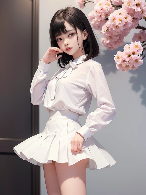 (masterpiece、Highest quality:1.7)、(:1.5)、(Knee shot from behind:1.5)、Bobcut、Black Hair、85mm、16K、Official Art、RAW Photos、Best Beautiful Faces、Close-up、Violet、Gardenia、The best beautiful girl、very cute、Red blush on cheeks、indoor、(Are standing:1.8)、Film Grain、Chromatic Aberration、Sharp Focus、(((Nice hands、Perfect hands、Perfect Fingers、Thin and delicate fingers、A perfect body without flaws)))、Detailed face、(Slender body:1.5)、(Slender body:1.4)、(Slim upper body:1.4)、(Small breasts:1.8)、(Let your bangs hang down:1.8)、(Blushing:1.8)、(Low contrast lighting:1.2)、(White tight business blouse with collar:1.5)、(White bow tie blouse:1.4)、(Long sleeve: 1.3)、(White pleated mini skirt:1.5)、(Eyes closed:1.5),hip focus