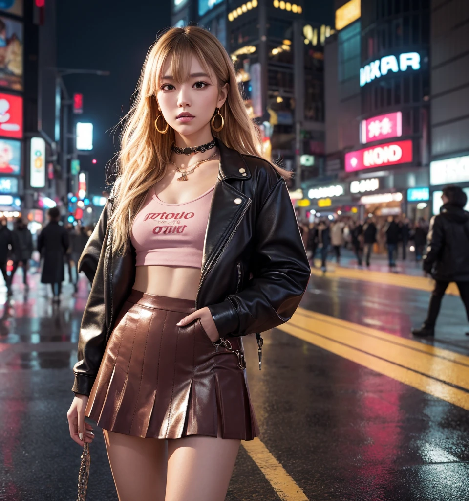 Hyper-realistic portrait of a stunning Japanese tsundere gyaru girl, 8K resolution. She stands confidently in a bustling Tokyo street at golden hour. Her expression is a perfect blend of aloof disdain and hidden vulnerability. Eyes sharp and defiant, with a hint of softness. Meticulously styled blonde hair with subtle pink highlights, each strand individually rendered. Flawless makeup with dramatic winged eyeliner and glossy lips. Her outfit is a fusion of high fashion and street style: a cropped leather jacket with intricate studs and chains, a midriff-baring graphic tee with holographic print, a pleated mini skirt with complex plaid pattern, and platform boots with detailed lace-up design. Multiple layers of accessories including chunky rings, a choker with a heart pendant, and dangling earrings - each piece with photorealistic metallic reflections. The background showcases the vibrant Shibuya Crossing with hyper-detailed neon signs, each LED light individually visible. Reflections in puddles on the street create a mirror world effect. Crowds of people in the distance, each with unique outfits and expressions. Photorealistic skin texture with subtle imperfections. Complex interplay of light and shadow across her face and outfit. Volumetric lighting creating a soft glow around her silhouette. Subtle bokeh effect in the background. Color palette dominated by warm golden tones contrasted with cool neon lights. Impossibly detailed fabric textures. Exquisite depth of field. Cinematic composition following the rule of thirds. Style: Hyper-realistic digital painting with influences from anime and fashion photography. Render using advanced ray tracing for ultra-realistic lighting and reflections.