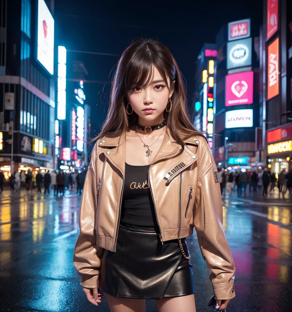 Hyper-realistic portrait of a stunning Japanese tsundere gyaru girl, 8K resolution. She stands confidently in a bustling Tokyo street at golden hour. Her expression is a perfect blend of aloof disdain and hidden vulnerability. Eyes sharp and defiant, with a hint of softness. Meticulously styled blonde hair with subtle pink highlights, each strand individually rendered. Flawless makeup with dramatic winged eyeliner and glossy lips. Her outfit is a fusion of high fashion and street style: a cropped leather jacket with intricate studs and chains, a midriff-baring graphic tee with holographic print, a pleated mini skirt with complex plaid pattern, and platform boots with detailed lace-up design. Multiple layers of accessories including chunky rings, a choker with a heart pendant, and dangling earrings - each piece with photorealistic metallic reflections. The background showcases the vibrant Shibuya Crossing with hyper-detailed neon signs, each LED light individually visible. Reflections in puddles on the street create a mirror world effect. Crowds of people in the distance, each with unique outfits and expressions. Photorealistic skin texture with subtle imperfections. Complex interplay of light and shadow across her face and outfit. Volumetric lighting creating a soft glow around her silhouette. Subtle bokeh effect in the background. Color palette dominated by warm golden tones contrasted with cool neon lights. Impossibly detailed fabric textures. Exquisite depth of field. Cinematic composition following the rule of thirds. Style: Hyper-realistic digital painting with influences from anime and fashion photography. Render using advanced ray tracing for ultra-realistic lighting and reflections.
