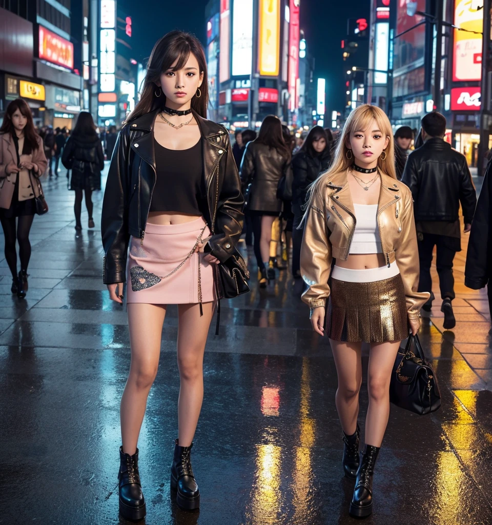 Hyper-realistic portrait of a stunning Japanese tsundere gyaru girl, 8K resolution. She stands confidently in a bustling Tokyo street at golden hour. Her expression is a perfect blend of aloof disdain and hidden vulnerability. Eyes sharp and defiant, with a hint of softness. Meticulously styled blonde hair with subtle pink highlights, each strand individually rendered. Flawless makeup with dramatic winged eyeliner and glossy lips. Her outfit is a fusion of high fashion and street style: a cropped leather jacket with intricate studs and chains, a midriff-baring graphic tee with holographic print, a pleated mini skirt with complex plaid pattern, and platform boots with detailed lace-up design. Multiple layers of accessories including chunky rings, a choker with a heart pendant, and dangling earrings - each piece with photorealistic metallic reflections. The background showcases the vibrant Shibuya Crossing with hyper-detailed neon signs, each LED light individually visible. Reflections in puddles on the street create a mirror world effect. Crowds of people in the distance, each with unique outfits and expressions. Photorealistic skin texture with subtle imperfections. Complex interplay of light and shadow across her face and outfit. Volumetric lighting creating a soft glow around her silhouette. Subtle bokeh effect in the background. Color palette dominated by warm golden tones contrasted with cool neon lights. Impossibly detailed fabric textures. Exquisite depth of field. Cinematic composition following the rule of thirds. Style: Hyper-realistic digital painting with influences from anime and fashion photography. Render using advanced ray tracing for ultra-realistic lighting and reflections.