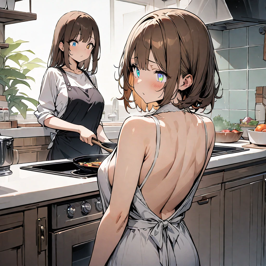 sole girl, housewife cooking in the kitchen, stand in front of the sink, turn her back on camera, detailed background, detailed arms, long brown hair, high resolution, (symmetrical clear eyes:1.2), sense of depth, 16k, best quality, masterpiece, detailed illustration