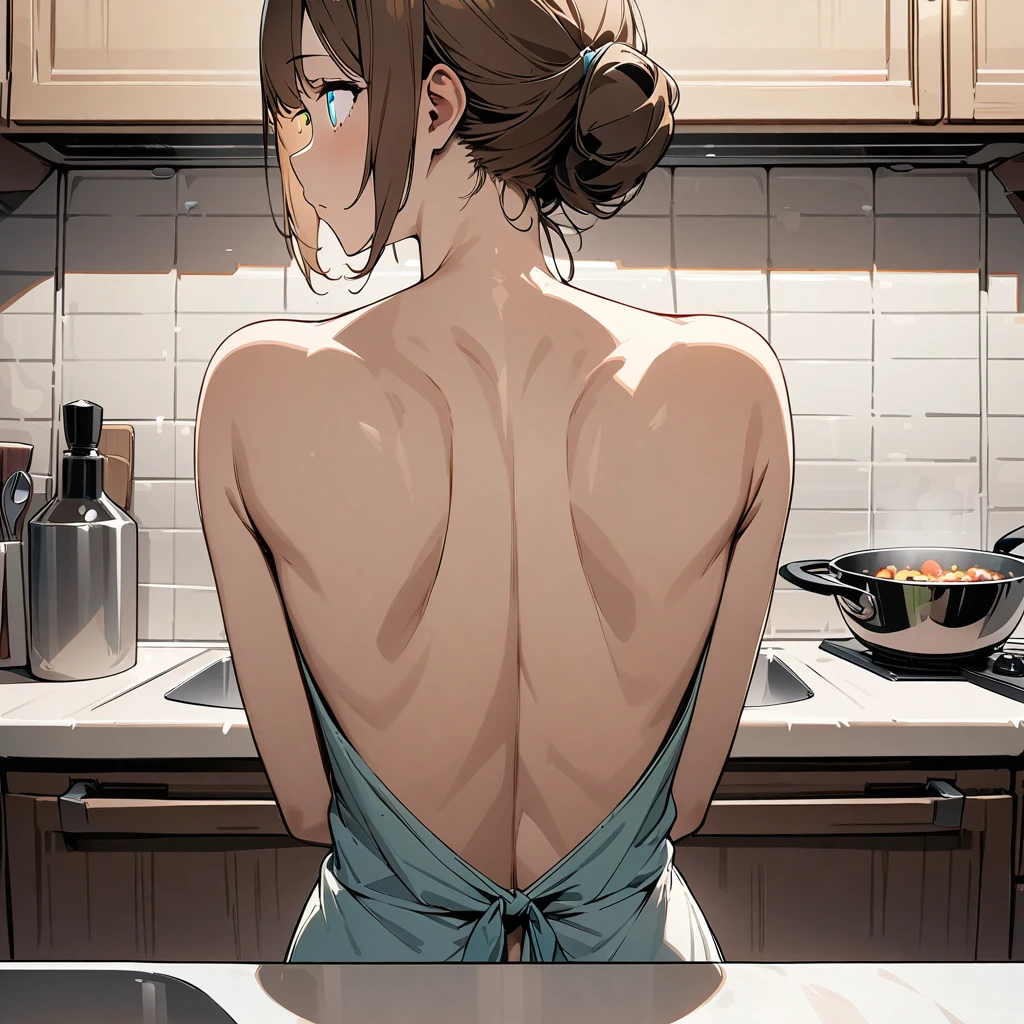 sole girl, housewife cooking in the kitchen, stand in front of the sink, turn her back on camera, detailed background, detailed arms, long brown hair, high resolution, (symmetrical clear eyes:1.2), sense of depth, 16k, best quality, masterpiece, detailed illustration