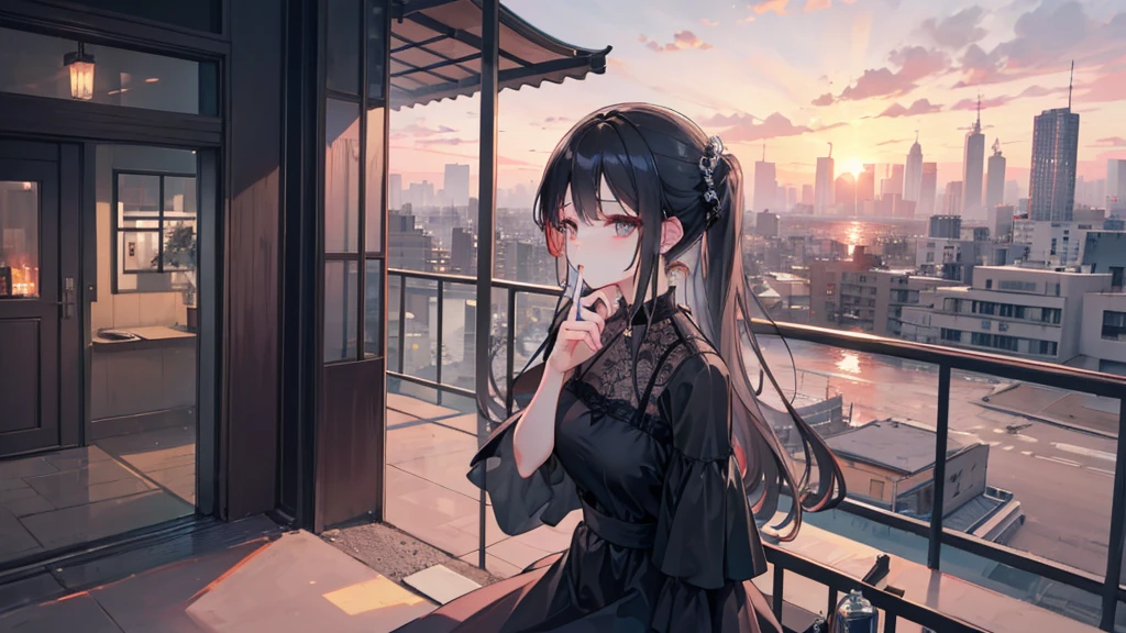 A woman with a beautiful face is smoking a cigarette。Smoking。I can see the sunset sky、A corner of the city、Wearing a black dress