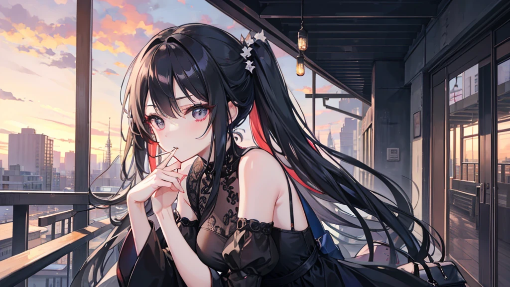 A woman with a beautiful face is smoking a cigarette。Smoking。I can see the sunset sky、A corner of the city、Wearing a black dress