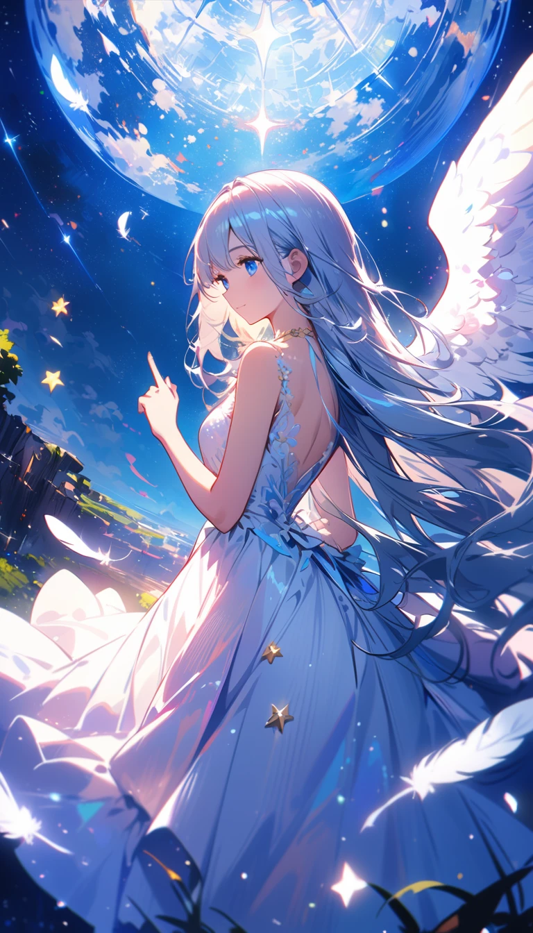(best quality:1.2),(hands finger 5 digits:1.3),(extremely delicate and beautiful:1.3),(detailed ultra detailed:1.2),(scenery clear details:1.2),(scenery crystal clear :1.2),(solo),(blue eyes),(long white long hair),(white dress),(angel wings),(floating white feathers,starry sky),(clusters of stars,starry sky),(glinting stars),(solo),(long silver long hair),(best quality:1.2),(hands finger 5 digits:1.3),(extremely delicate and beautiful:1.3),(detailed ultra detailed:1.2),(scenery clear details:1.2),