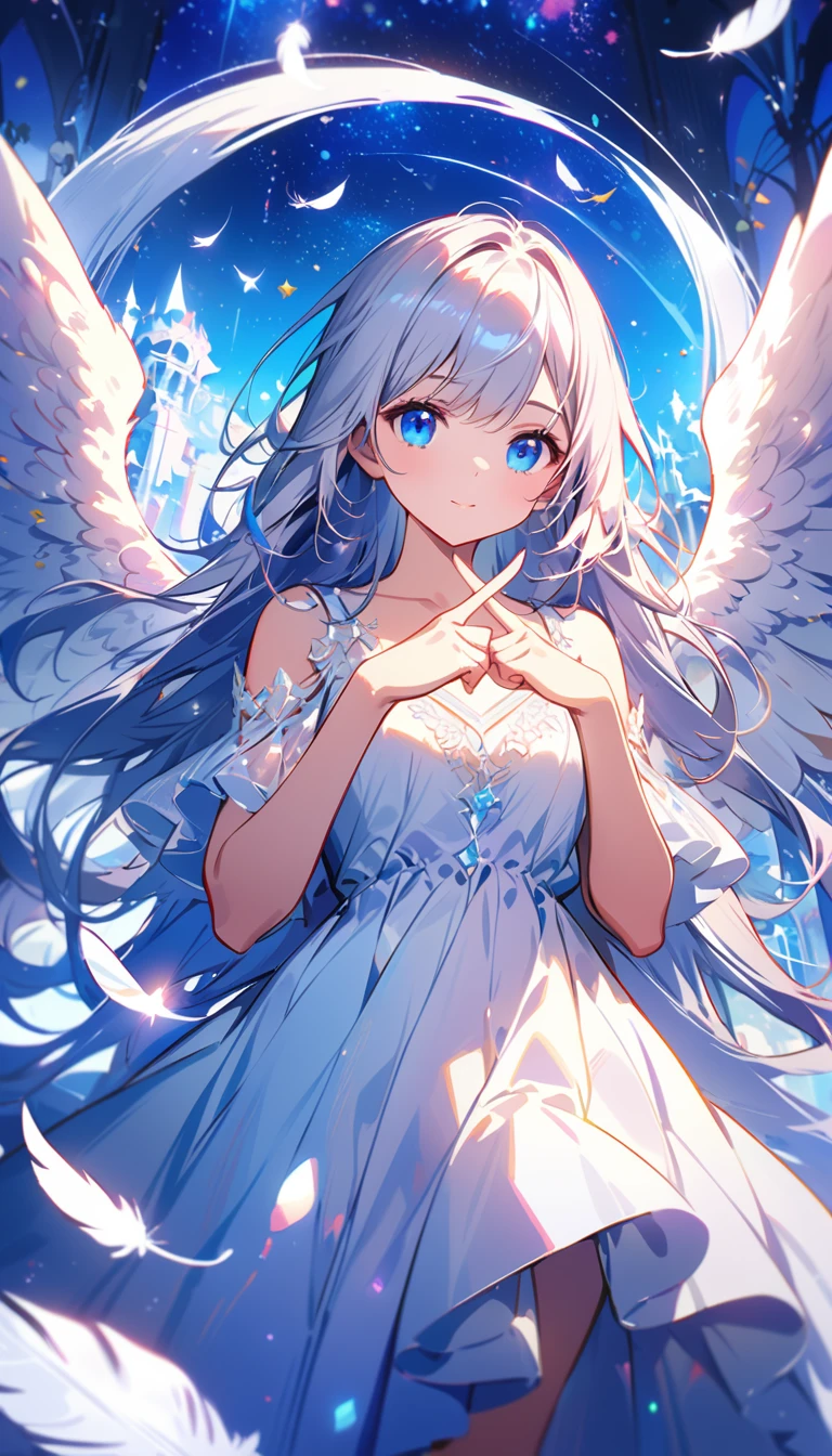 (best quality:1.2),(hands finger 5 digits:1.3),(extremely delicate and beautiful:1.3),(detailed ultra detailed:1.2),(scenery clear details:1.2),(scenery crystal clear :1.2),(solo),(blue eyes),(long white long hair),(white dress),(angel wings),(floating white feathers,starry sky),(clusters of stars,starry sky),(glinting stars),(solo),(long silver long hair),(best quality:1.2),(hands finger 5 digits:1.3),(extremely delicate and beautiful:1.3),(detailed ultra detailed:1.2),(scenery clear details:1.2),