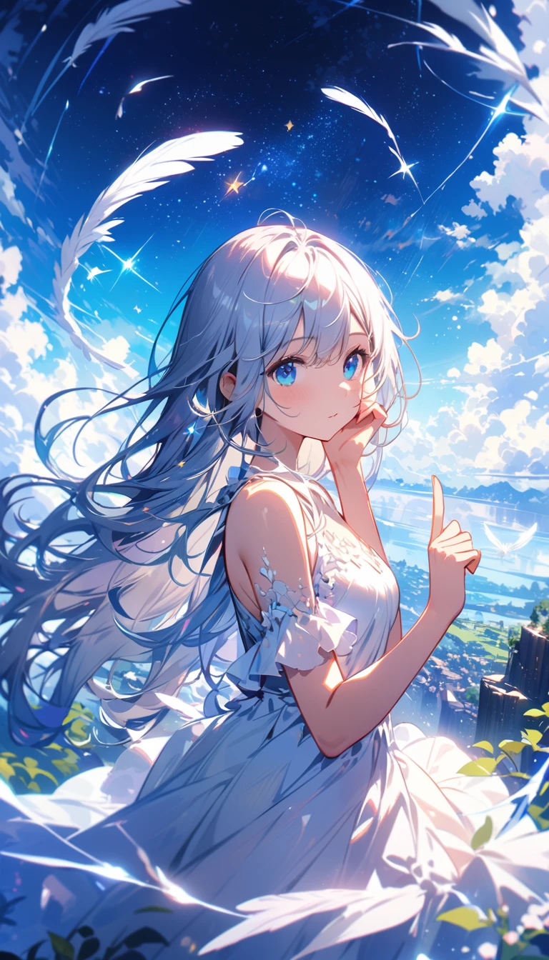 (best quality:1.2),(hands finger 5 digits:1.3),(extremely delicate and beautiful:1.3),(detailed ultra detailed:1.2),(scenery clear details:1.2),(scenery crystal clear :1.2),(solo),(blue eyes),(long white long hair),(white dress),(angel wings),(floating white feathers,starry sky),(clusters of stars,starry sky),(glinting stars),(solo),(long silver long hair),(best quality:1.2),(hands finger 5 digits:1.3),(extremely delicate and beautiful:1.3),(detailed ultra detailed:1.2),(scenery clear details:1.2),