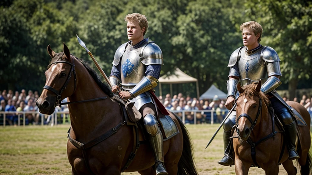 Christopher Egan as a handsome medieval knight, 23 years old, in armor without a helmet. He holds a spear in his hand, sits on a horse. He is participating in a tournament, in the stands spectators in medieval clothes admire him