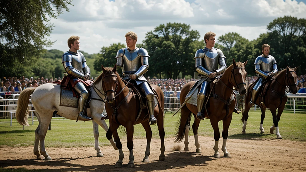 Christopher Egan as a handsome medieval knight, 23 years old, in armor without a helmet. He holds a spear in his hand, sits on a horse. He is participating in a tournament, in the stands spectators in medieval clothes admire him