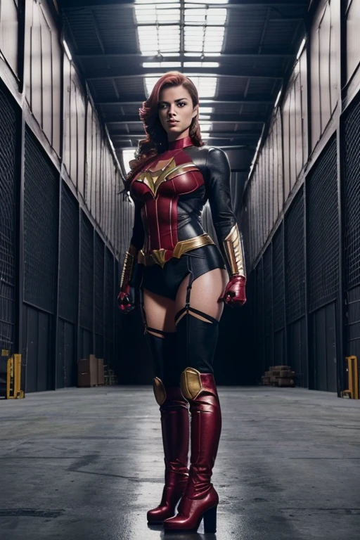 Medium Shot, high contrast, (Scarlett Emerson in a detailed superheroine outfit, power pose), sharp side lighting, (standing in an industrial warehouse, dramatic shadows), (35mm lens, Leica M10, textured details, professional, editorial photography, trending on Pinterest), by Richard Avedon and Mary Ellen Mark and Sebastião Salgado