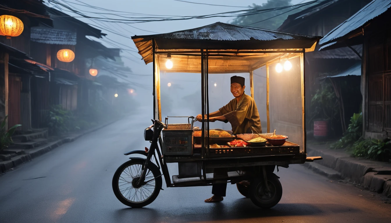 A 40 year old Indonesian man, a satay maker, wearing traditional clothes and a black headband, he was carrying his cart using a motorbike on a quiet, foggy, slightly dark village road. At night there is minimal lighting from the lights of people's houses. (the cart is a glass box, the satay is in a box). (Masterpiece, ultra detail, ultra high quality, extra focus, 8K)