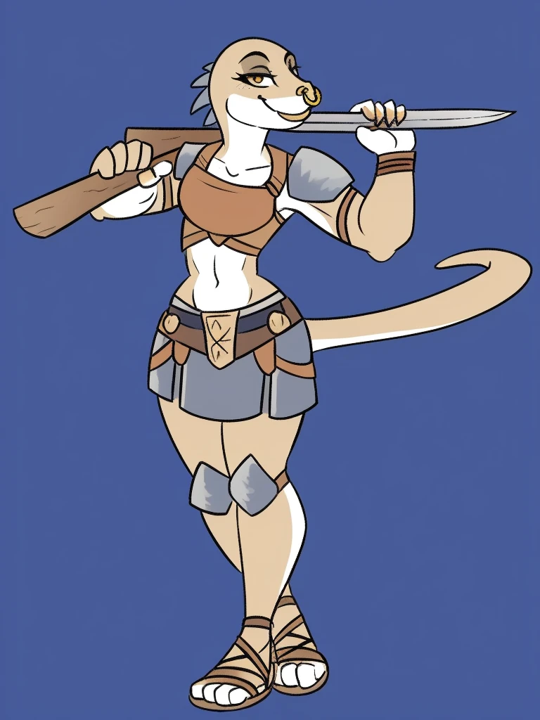 1girl, furry, furry_female, lizard_girl, smile, solo, wearing  armor, gladiator flat sandals, gladiator skirt, humanoid feet, holding sword, nose ring, septum piercing ring