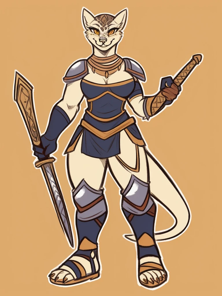 1girl, furry, furry_female, lizard_girl, smile, solo, wearing armor, gladiator flat sandals, gladiator skirt, humanoid feet, holding sword, nose ring, septum piercing ring