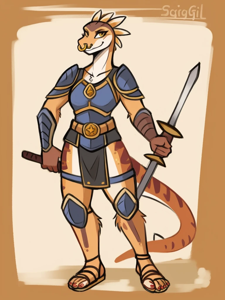 1girl, furry, furry_female, lizard_girl, smile, solo, wearing  armor, gladiator flat sandals, gladiator skirt, humanoid feet, holding sword, nose ring, septum piercing ring