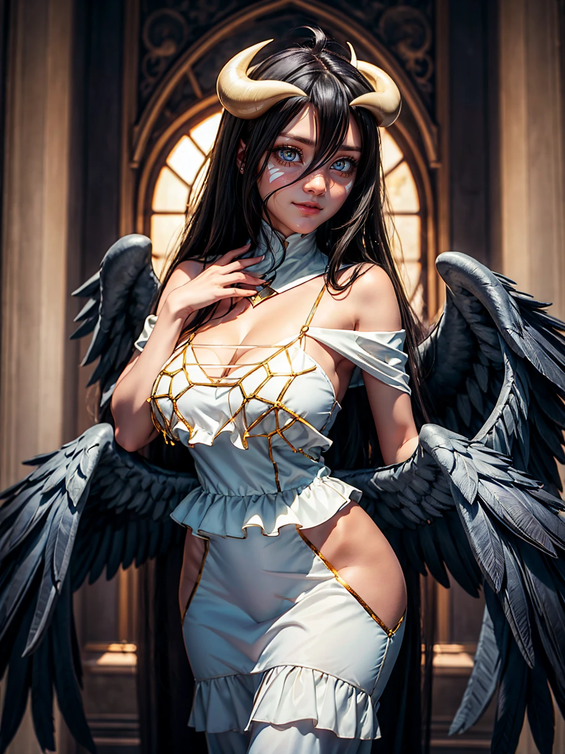 Masterpiece, Best quality, high resolucion, AL1, demon horns, pupilles fendues, Gants blancs, Regarder le spectateur, Robe blanche, bare shoulders, Detached collar, clivage, Ailes noires, feathered wings, ailes basses, Tir de cowboy, agenouillement, sourire, cachot, sourire diabolique, Tenue de femme de chambre, breasts exposed, visible