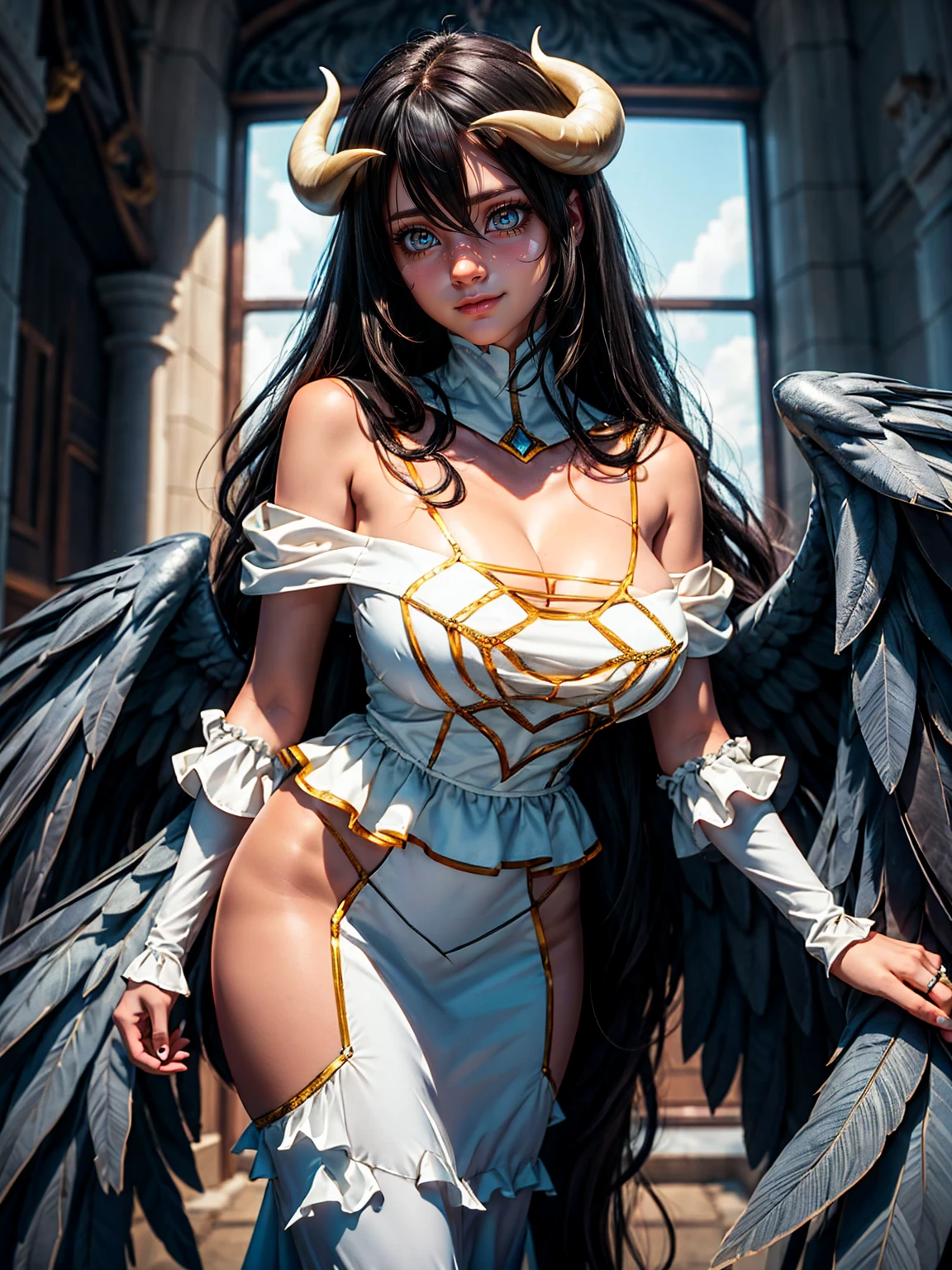 Masterpiece, Best quality, high resolucion, AL1, demon horns, pupilles fendues, Gants blancs, Regarder le spectateur, Robe blanche, bare shoulders, Detached collar, clivage, Ailes noires, feathered wings, ailes basses, Tir de cowboy, agenouillement, sourire, cachot, sourire diabolique, Tenue de femme de chambre, breasts exposed, visible