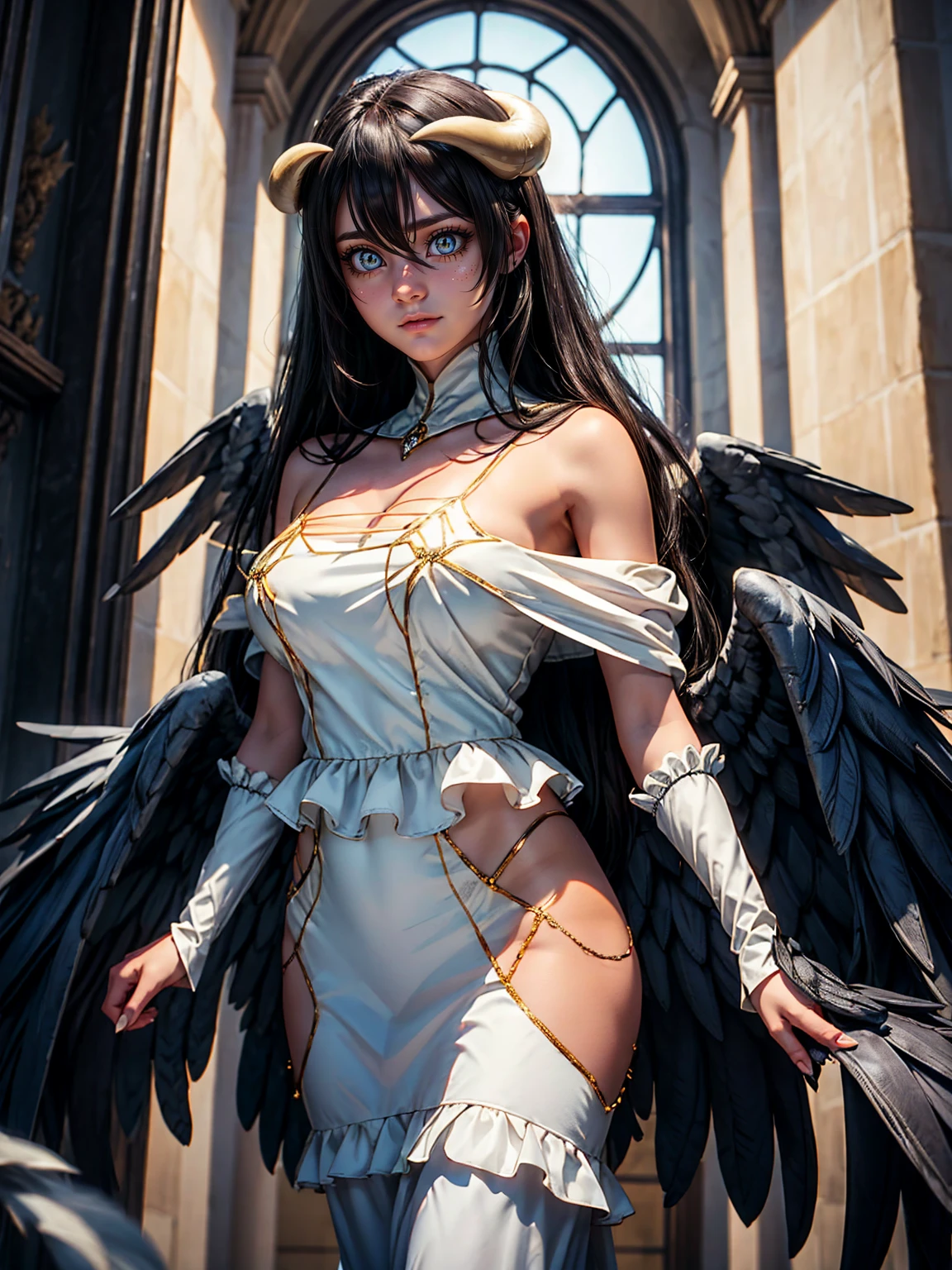 Masterpiece, Best quality, high resolucion, AL1, demon horns, pupilles fendues, Gants blancs, Regarder le spectateur, Robe blanche, bare shoulders, Detached collar, clivage, Ailes noires, feathered wings, ailes basses, Tir de cowboy, agenouillement, sourire, cachot, sourire diabolique, Tenue de femme de chambre, breasts exposed, visible