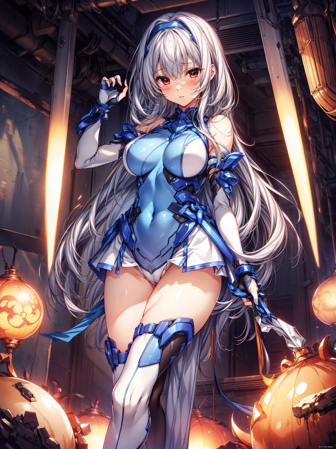 masterpiece, Highest quality, Anime Style,Official Art Beautiful Lighting, 1 Girl, bangs, Inside a futuristic base, whole body, Blue and white outfit, masterpiece,Noise Reduction,perfect anatomy,high resolution, ultra-detailed,game cg,dutch angle ,beautiful detailed eyes,visualart,five fingers, perfect hands, perfect lighting,(cameltoe:1.3),red eyes,(Silver Hair:1.2)