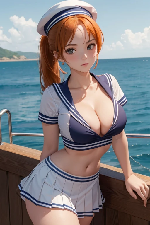 (masterpiece), best quality, expressive eyes, perfect face, front lighting, (outside at sea onboard a Marine Battleship background), (posing), (seductive look), (cleavage view), (1girl, Nami, 18 years old, orange hair, long hair, ponytail hairstyle, brown eyes, hourglass figure, skinny body, thin body, petite_body, small breasts, wide hips, thick thighs), (marine sailor unform, white sailor shirt, short sleeve, croptop, exposed cleavage, navy sailor pleated skirt, small sailor hat), 