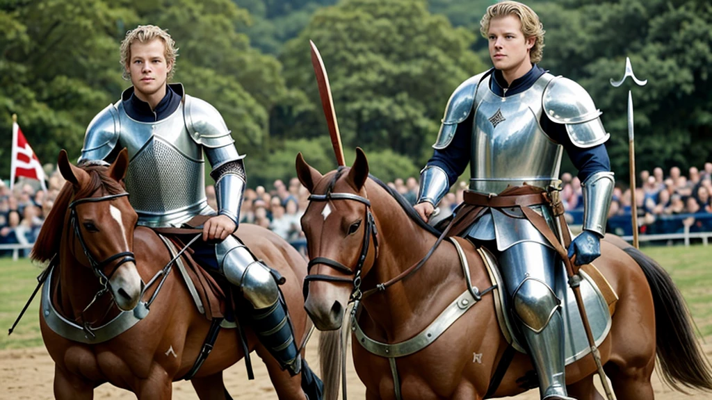 Christopher Egan as a handsome medieval knight, 23 years old, in armor without a helmet. He holds a spear in his hand, sits on a horse. He is participating in a tournament, in the stands spectators in medieval clothes admire him