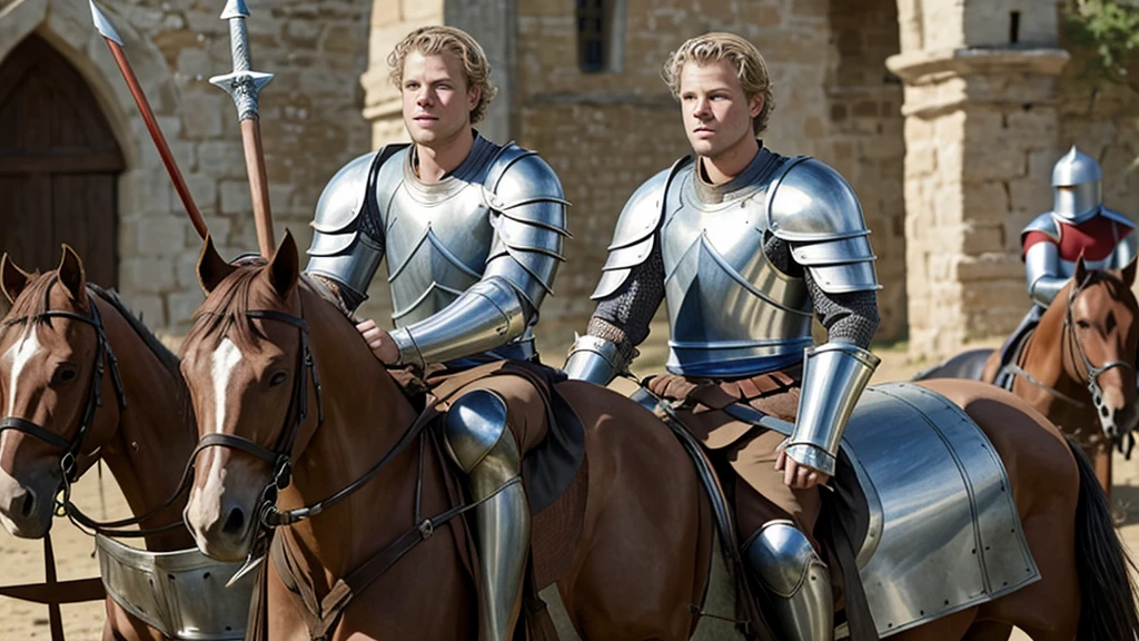 Christopher Egan as a handsome medieval knight, 23 years old, in armor without a helmet. He holds a spear in his hand, sits on a horse. He is participating in a tournament, in the stands spectators in medieval clothes admire him