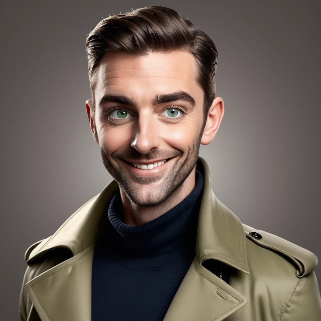 Une caricature réaliste en 3D de style dessin animé représentant un homme au visage ovale, une mâchoire carrée, épais sourcils noirs, yeux verts, un nez petit et légèrement pointu, et des lèvres fines avec une bouche légèrement ouverte. Il porte une veste trench noire. L'homme est debout, les mains derrière le dos, avec une expression neutre et un léger sourire. l'arrière-plan est flou, indiquant un réglage de nuit avec des lumières bokeh. faire un corps plein